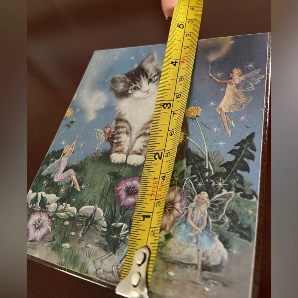 🩷 Vintage Kitten Cat and Fairy Foils Wooden Trinket Box Souvenir Cedar Box